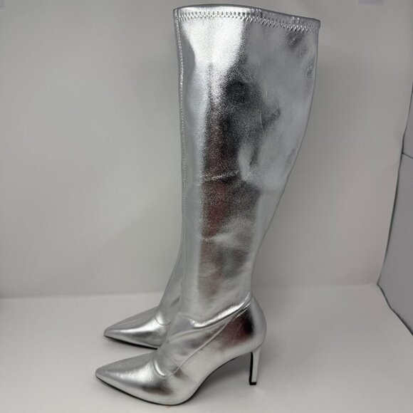 Open Edit Viv Pointy Toe Knee High Heeled Boot Women's 7 Silver Going Out NWOB - Picture 9 of 14